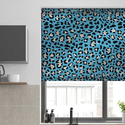 Blue animal print roller blinds in kitchen