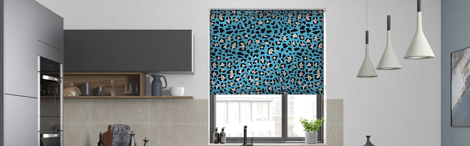 Blue animal print roller blinds in kitchen