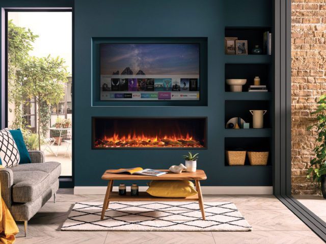 teal media wall with inset electric fire with flame-effect and in-built TV