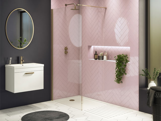 dusky pink chevron bathroom wall tiles from Victorian Plumbing