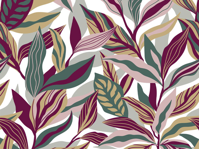 Tropical wallpaper from Lust Home in Honolulu (sage green, plum and stone)