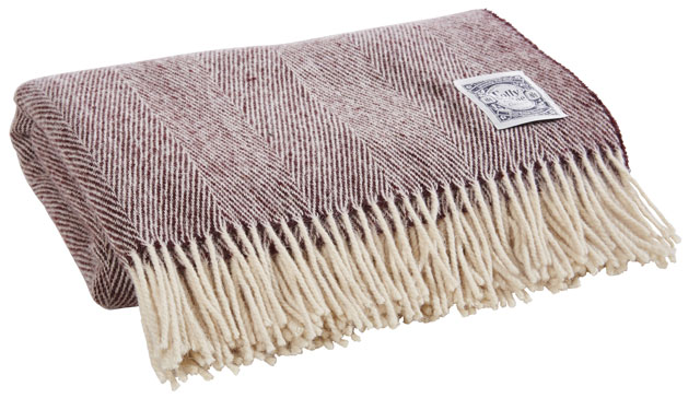 Purple and cream herringbone wool throw with fringe from Tolly McCrae