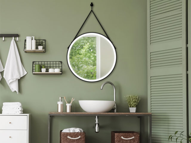 Round black LED hanging mirror in a green bathroom 