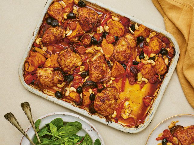 spicy chicken and cashew tray bake recipe by Candice Brown