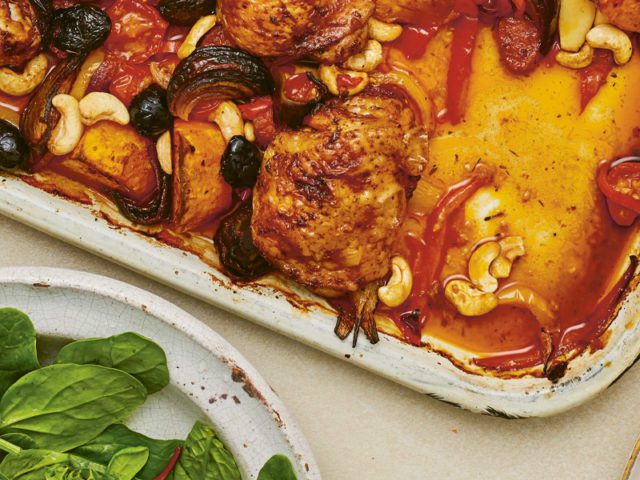 Spicy chicken tray bake recipe with cashew nuts by Candice Brown
