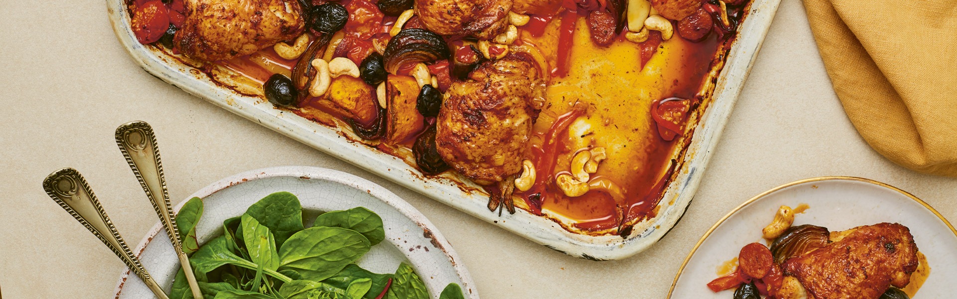 Spicy chicken tray bake recipe with cashew nuts by Candice Brown