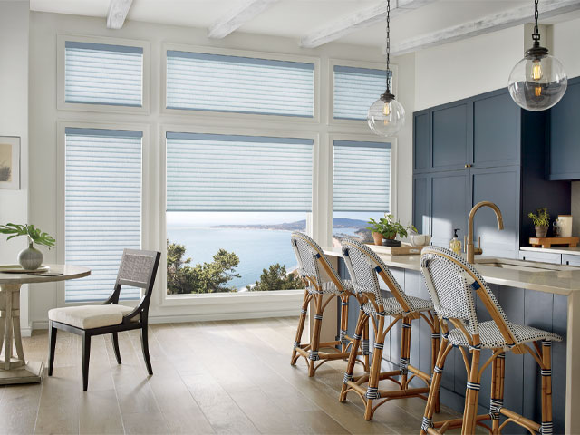 Luxaflex samrt blind in modern kitchen with large window