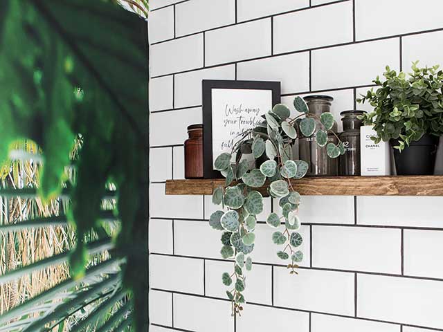 Bathroom shelfie with foilage and frames with white tiles behind