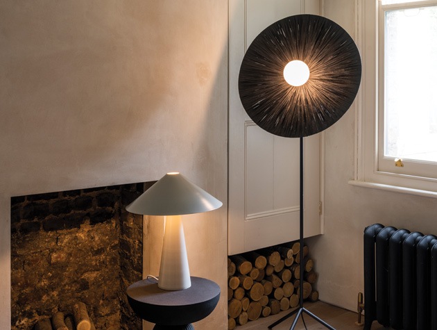Orta warm white cone table lamp and Ridotti black raffia floor lamp