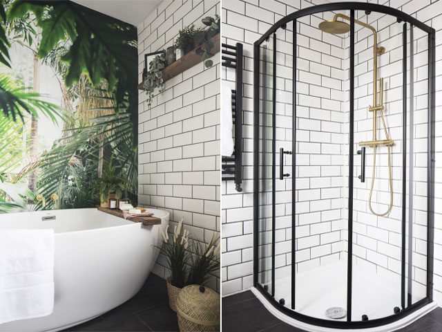 Gold shower fittings and a Crittall-style cubicle next to a freestanding bath with tropical wallpaper