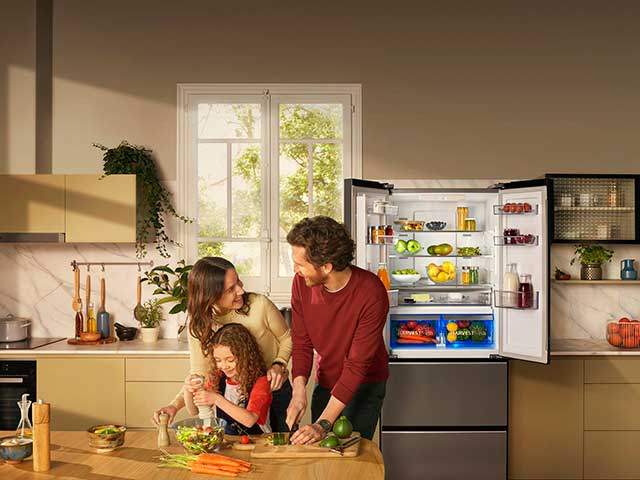 Family preparing vegetables at wooden table with fridge freezer behind