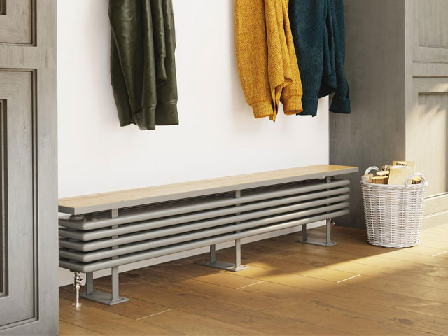 bench radiator for hallway with wooden seat and horizontal columns