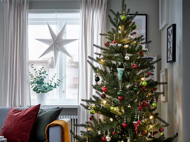 IKEA Christmas Tree decorated in living room