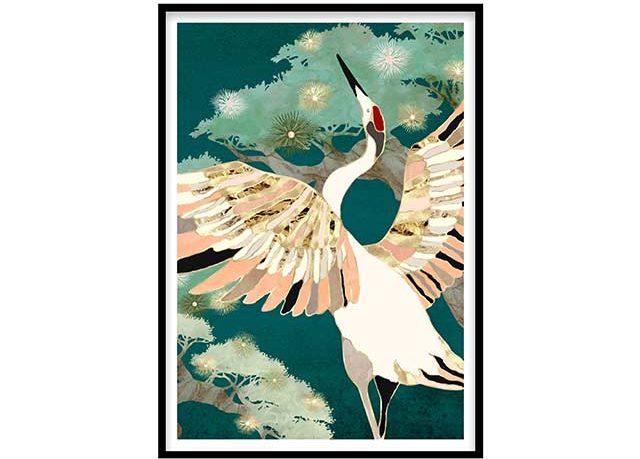 crane print in shades of green with hints of pink and gold