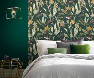 jungle print wallpaper in forest green with herons and plants