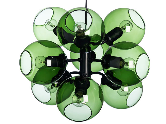 forest green pendant light with clustered glass baubles