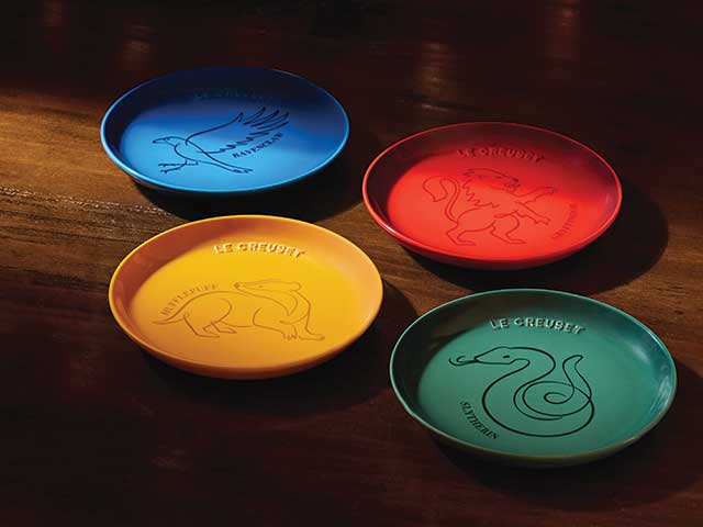 Colourful Harry Potter Le Creuset Hogwarts houses plate collection