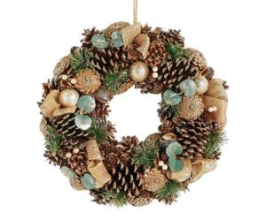 Champagne glitter pine cone Christmas wreath on white background