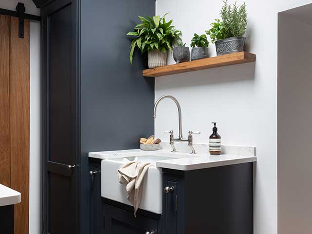 Modern country style kitchen with sink and shelf of houseplants