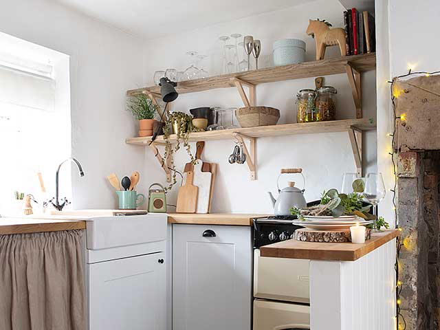 Yorkshire cottage kitchen with wooden shelving