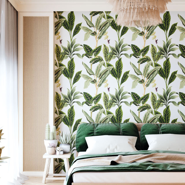 leaf green wallpaper with pastel pink accent colour in a modern bedroom