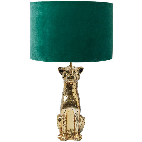 Leopard glamp with velvet shade, £135, Oliver Bonas