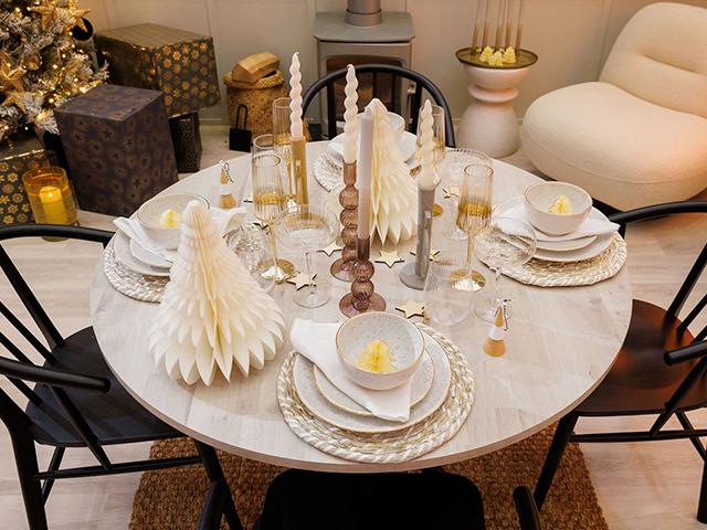 A chic white dinner set is perfect touch for a Scandi Luxe Christmas tablescape
