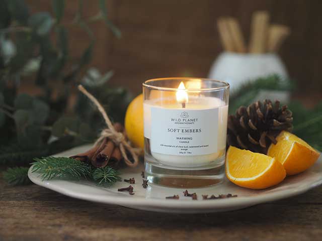 White candle on white plate with orange segments and pinecones