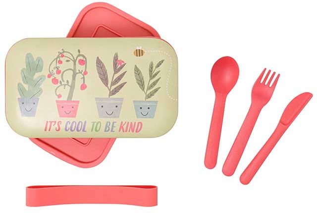 Bamboo lunch box and cutlery on white background