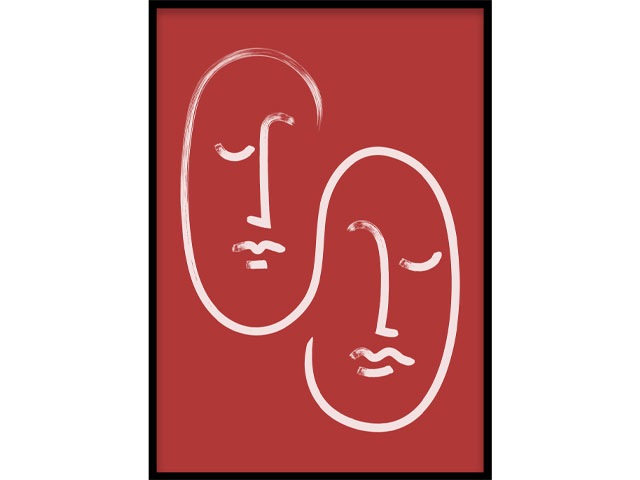 faces poster in deep red and white with black frame from Desenio