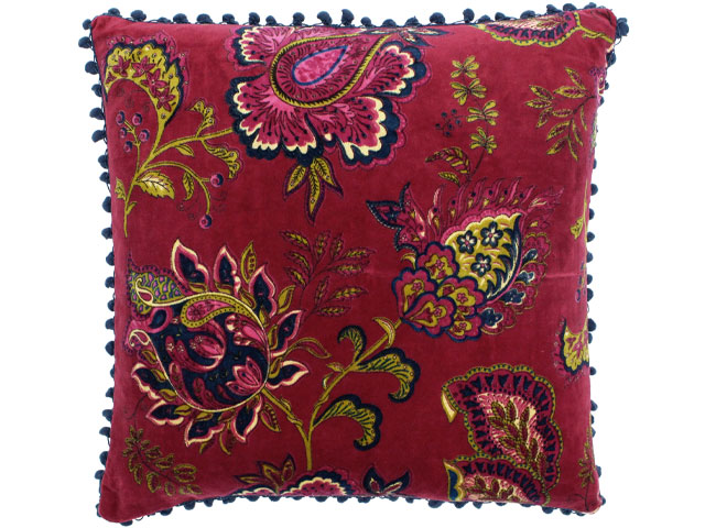 cranberry cushion with pom pom trim and flower print 