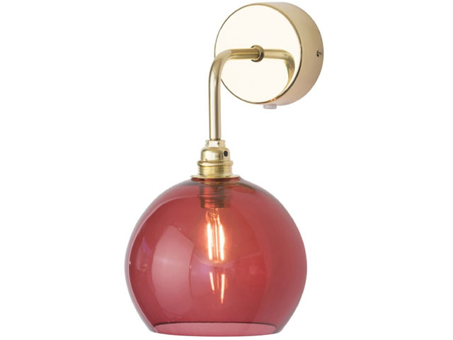 wall light with cranberry glass lampshade and gold wall fitting