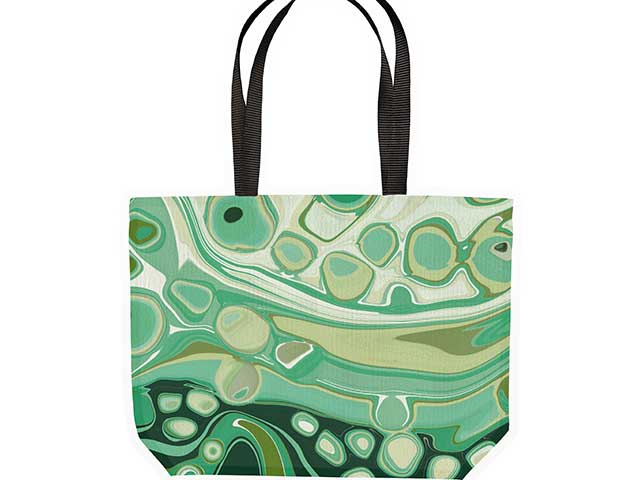 Green patterned vegan canvas tote bag on white background