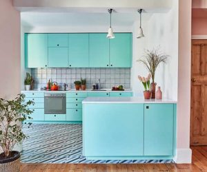 Turquoise cabinets in Miami style colourful kitchen