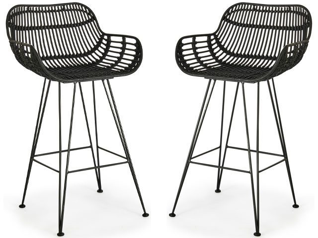 black rattan bar stools with metal hairpin legs on a white background