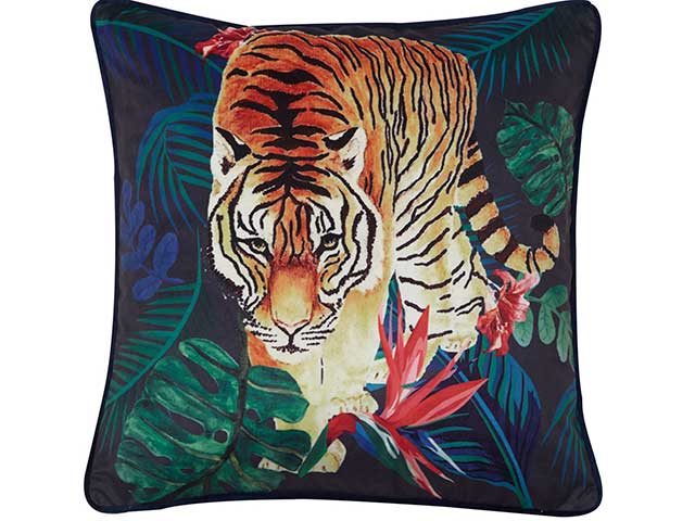 Chinoiserie tiger cushion on white background