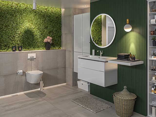 living wall and panelled timber wall in a contemporary wet room