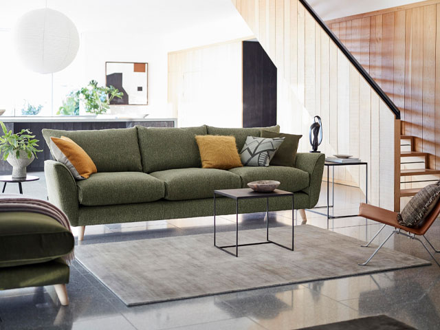 sofa trends 2022: grand designs mid century modern sofa in moss green at dfs
