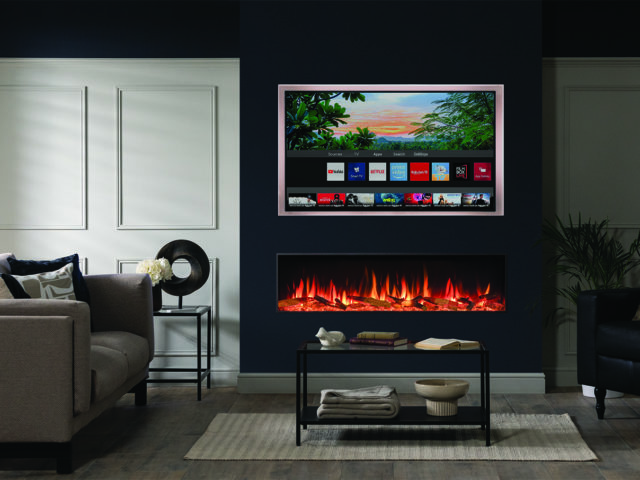 Electric fire built into living room below built in TV