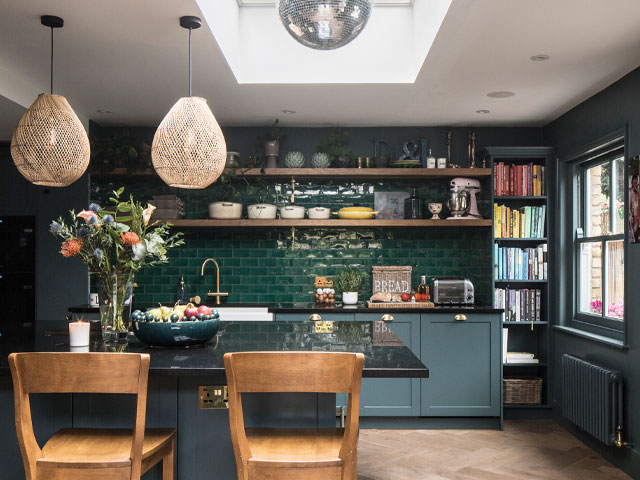 deep green kitchen tiles as splashback in remodelled period kitchen