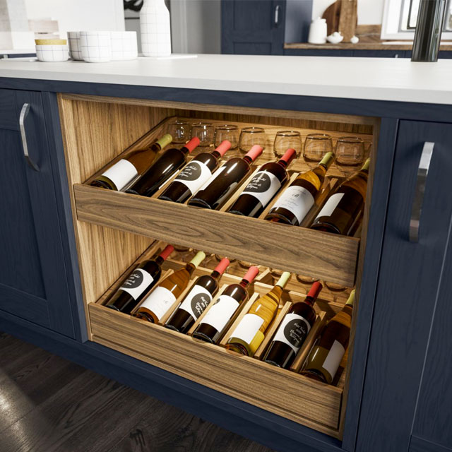 bespoke wine drawer in traditional style kitchen with navy cabinets