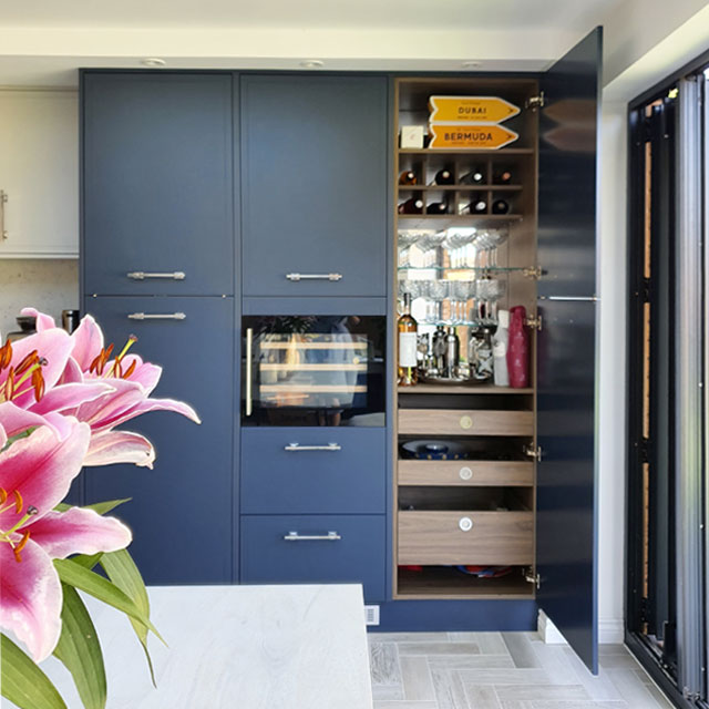 bespoke drinks cabinet in an open plan kitchen and living room