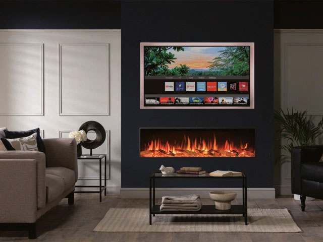 Electric fire built into living room below built in TV