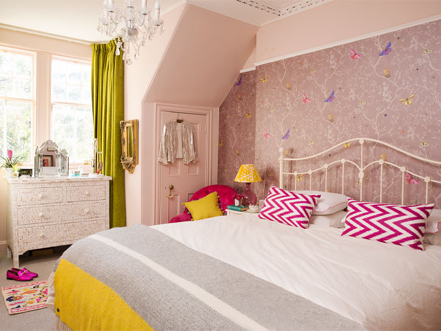 The Pink House bedroom with Timorous Beasties butterfly wallpaper