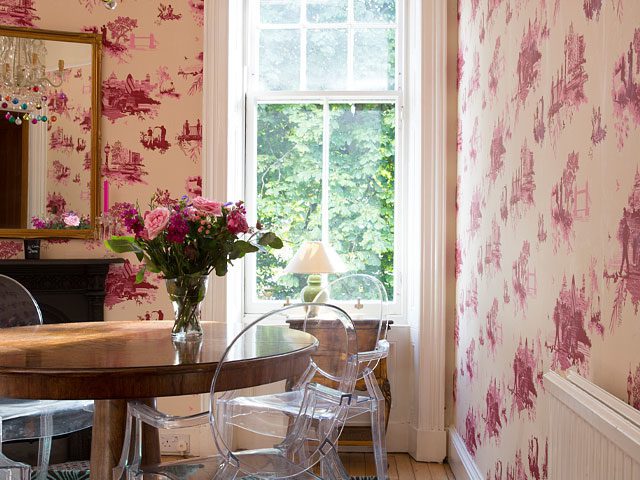 The Pink House dining room with subversive Timorous Beasties wallpaper