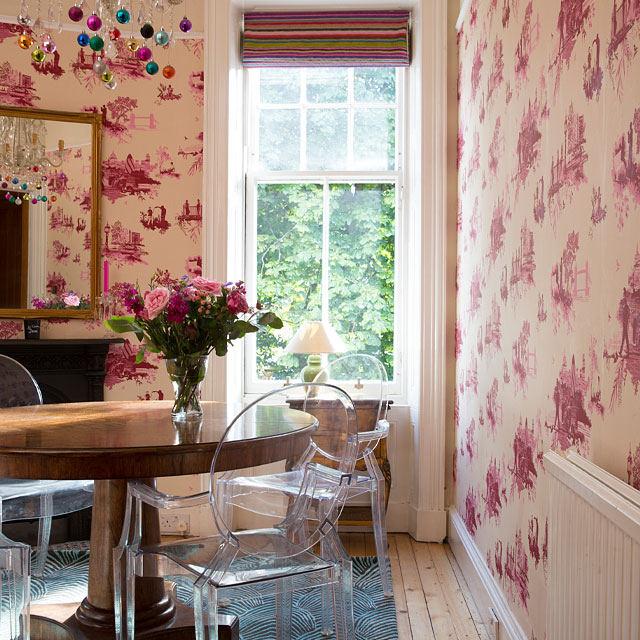 dining room with subversive Timorous Beasties wallpaper in pink