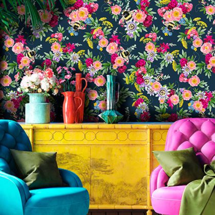 Floral vibrant wallpaper in 70s boho style