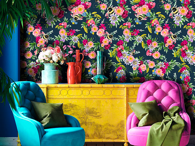 Floral vibrant wallpaper in 70s boho style