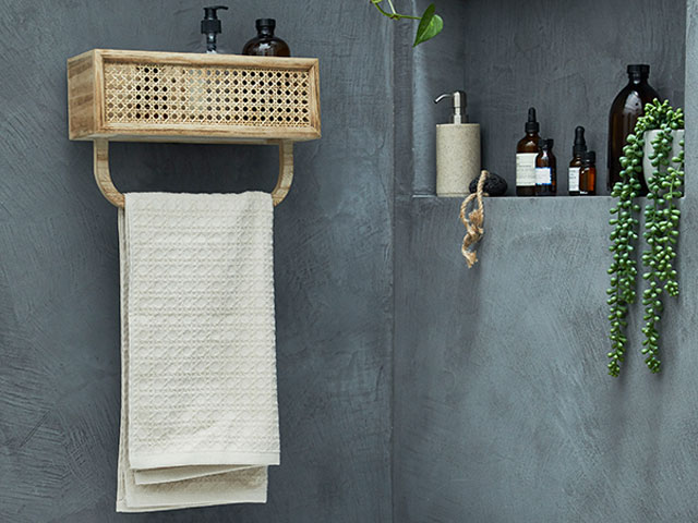 Bathroom storage: French cane rattan towel rail shelf 