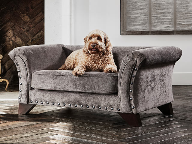 Grey studded dog sofa Barkitecture